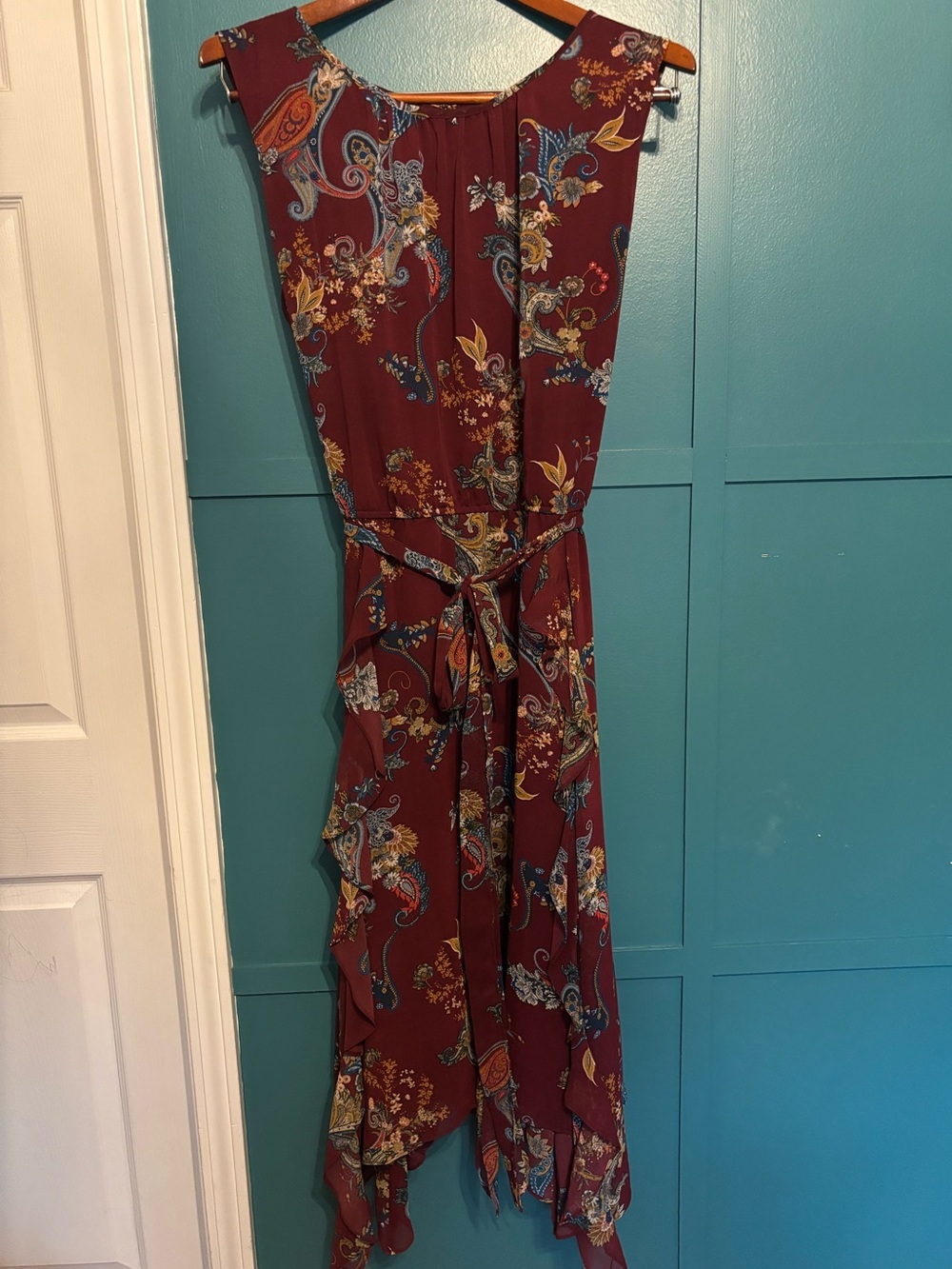 Westport Floral Paisley Maxi Belted Waist Asymmetrical Handkerchief Hem Size 20